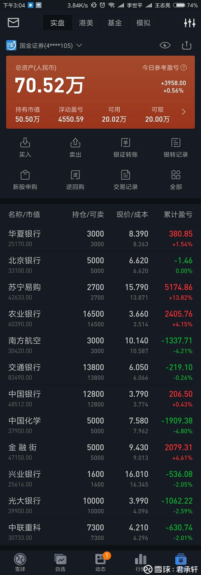 $农业银行(sh601288)$ 目前实际持仓,今天转20万进来准备加农行的,挂