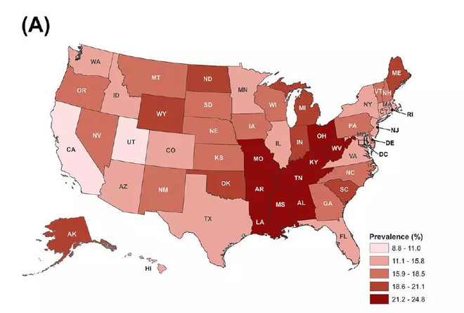 这张图是美国2016年吸烟率的分布情况,红色越深吸烟率越高.