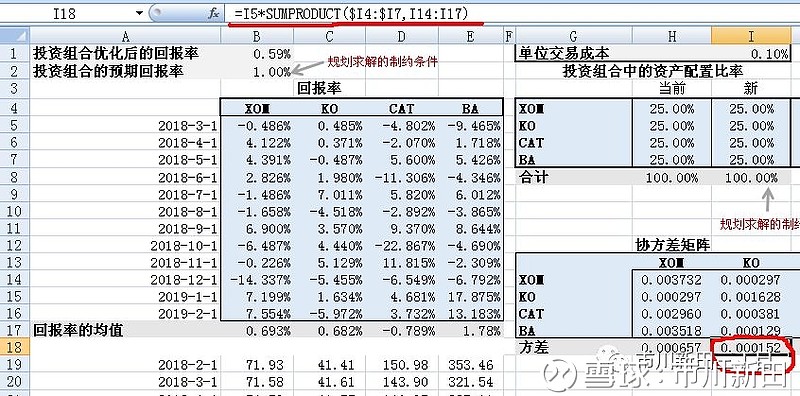 在"输入区域"选择四只股票月度回报率数据所在单元格b4:e16后,点击"