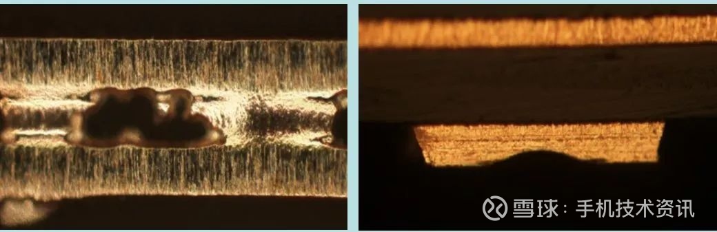 3,从切片上看,线路不良处板电层和底铜完整,但镀不上二铜,周围的图电