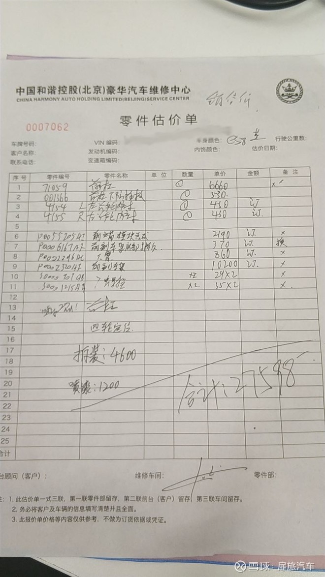 从这张报价单上可以看到,主要支出的费用有4项,汽车前杠6660元,前端