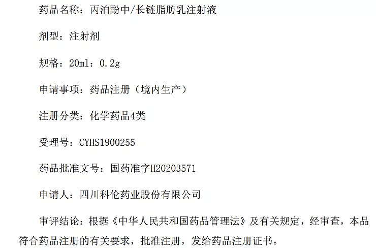 科伦药业丙泊酚中长链脂肪乳注射液获批第2家通过一致性评价