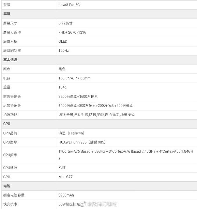 华为nova8系列硬件参数曝光,后置6400万高清四摄