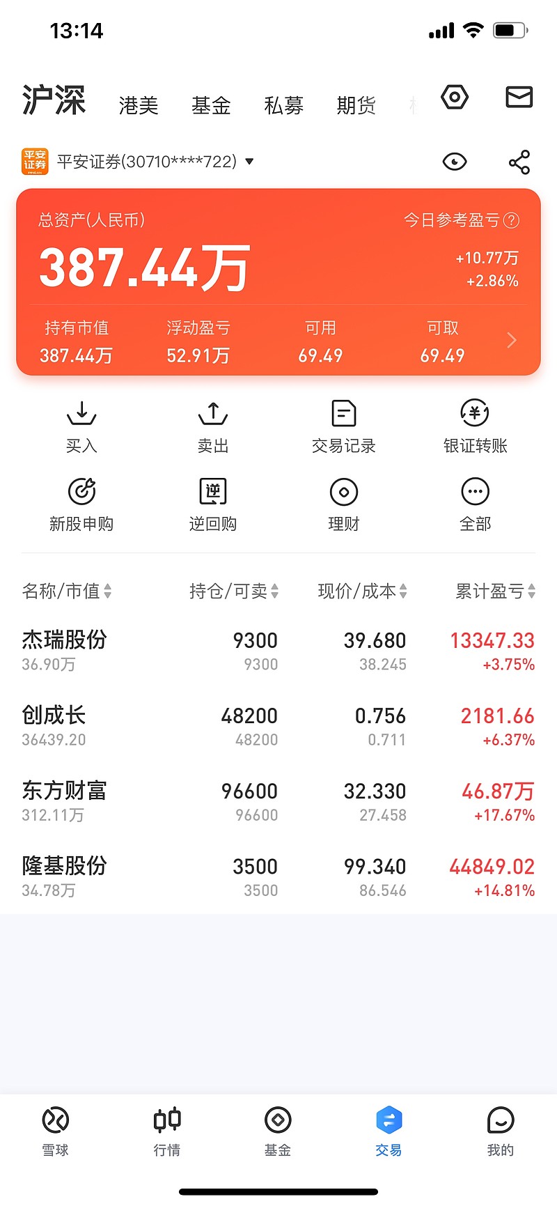 持续回血,账户总资产马上回本 马东财$东方财富(sz300059 李隆基$