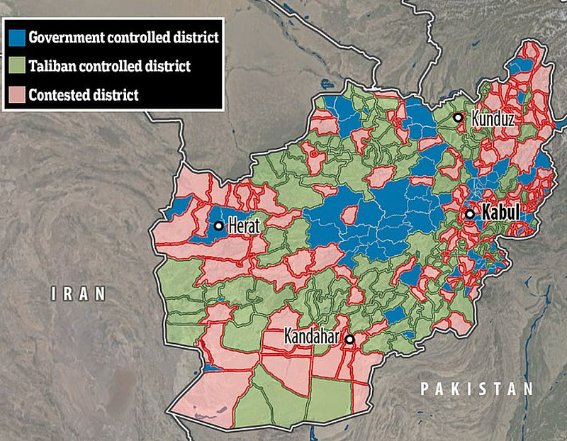 绿色:塔利班控制区域 蓝色:政府军控制区域 红色:争夺