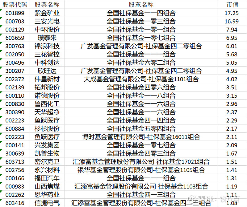 股票代码 股票名称 股东名称 市值 601899 紫金矿业 全国社保基金