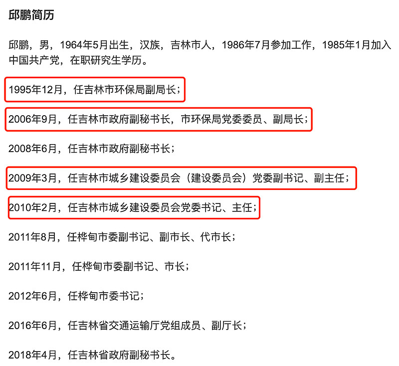 公开资料显示,邱鹏曾担任吉林市环保局副局长,林市政府副秘书长,市