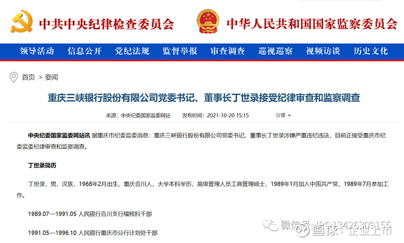 重庆三峡银行股份有限公司党委书记,董事长丁世录接受纪律审查和监察