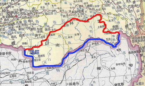 中印东段边界示意图,红色为实际控制线即麦克马洪线,蓝线为中国主张