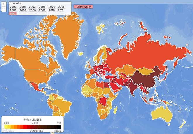 epi发布的全球pm2.5地图上图中以国家为单位算出平均pm2.