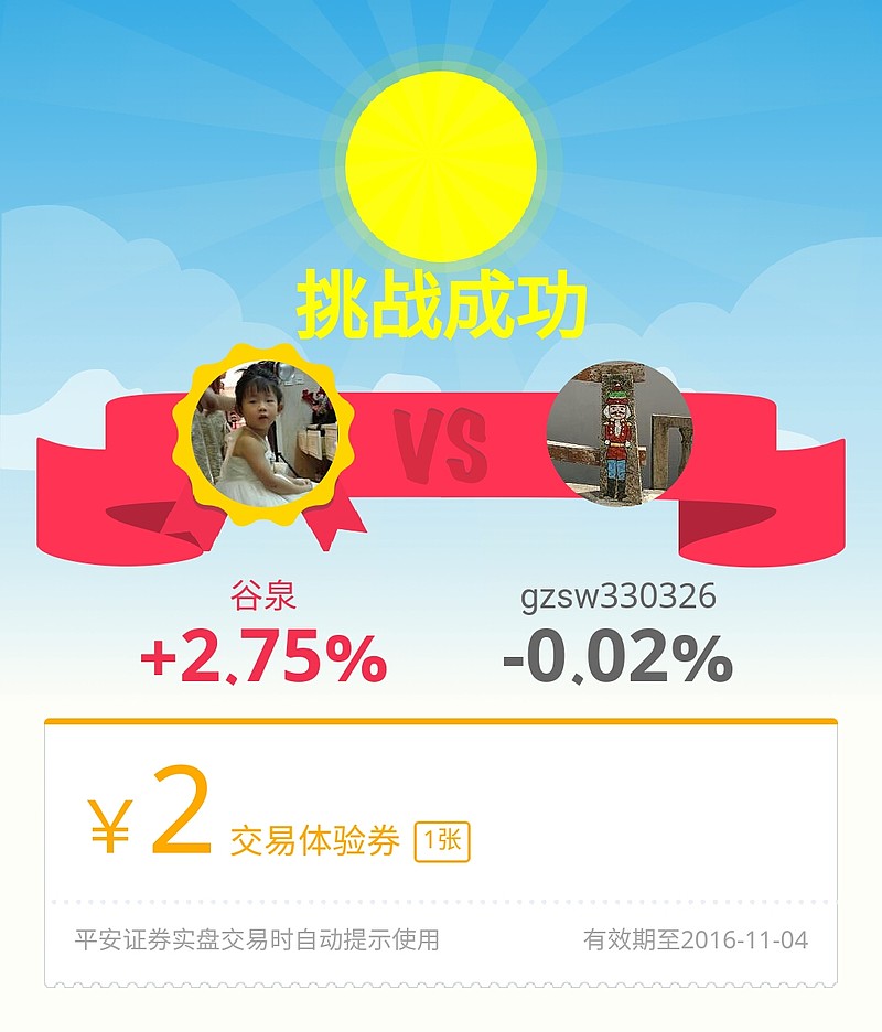 我在今天雪球实盘大赛#摇一摇pk#日收益比赛中,战胜了@gzsw330326,抽