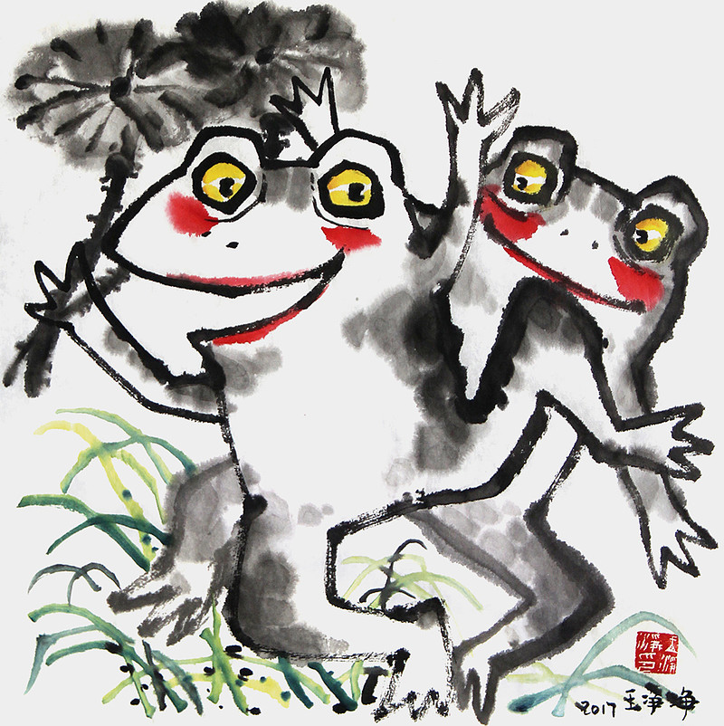 画儿晴天青蛙水墨画,尺寸:33x33cm周六啦,开心!