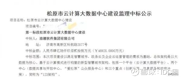 4亿6928万 浪潮软件中标松原市云计算大数据中心建设项目2月5日消息 中国政府采购网公布了 松原市云计算大数据中心建设 中标 成交结果公告 浪潮软件以4亿6928万中标第一标段