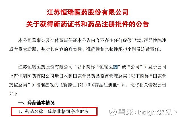 恒瑞发布 19 k 获批上市公告 今天,恒瑞医药发布公告称,近日收到 cfda