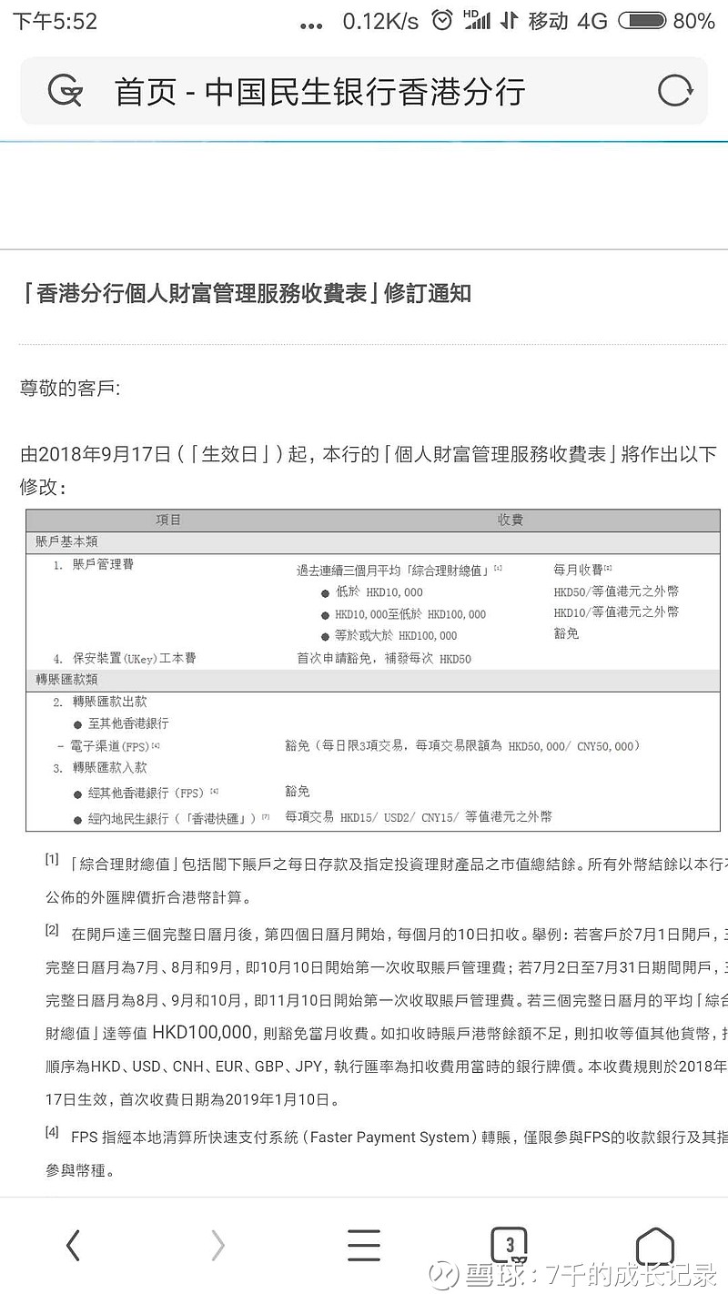 民生香港电子账户要收取管理费了，50港币/月网页链接小于1万，管理费50港币/月。1万-10万，管理费10港币 /月。＞10万，免管理费好贵，好贵啊。原来说的是账户管...