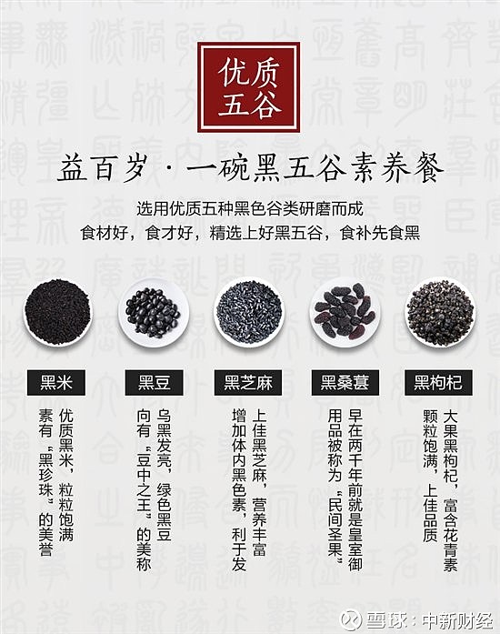 的功效哦,益百岁优米丁黑五谷杂粮粥含有的五种黑色谷物,分别是黑米
