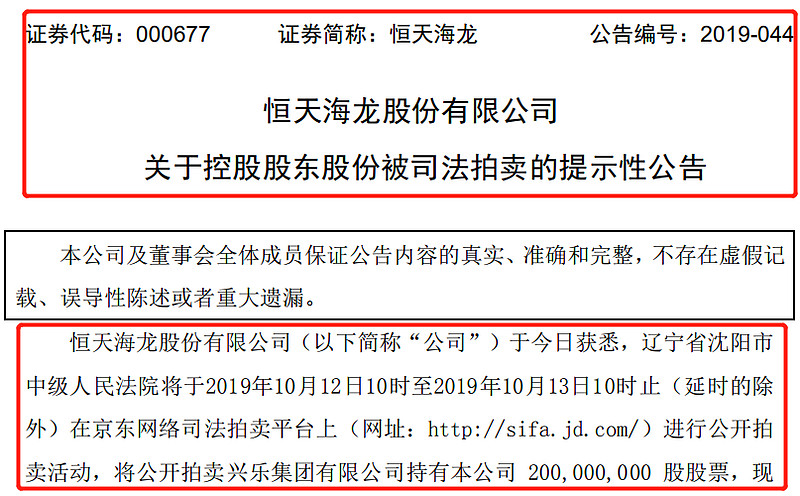 恆天海龍控股股東所持股票將在京東被拍賣