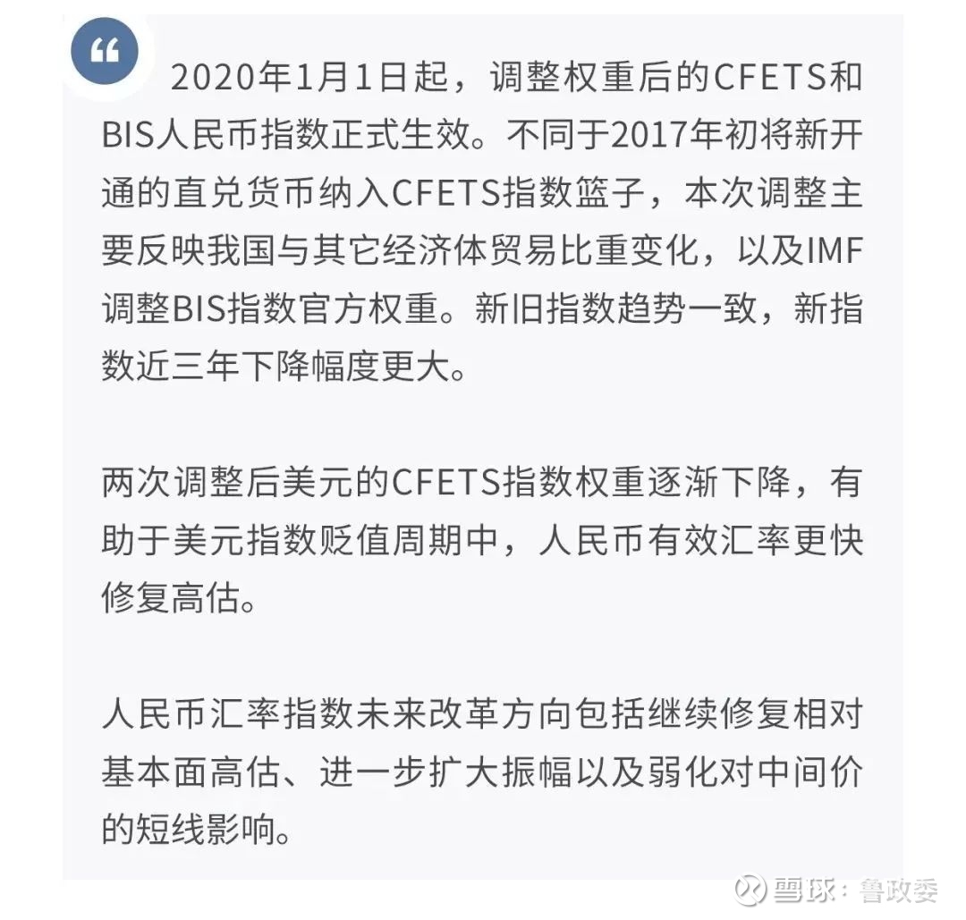 外汇市场】CFETS篮子调整意味什么？—评人民币指数权重第二次调整2019年12月31日，外汇交易中心发布公告，修改CFETS 人民币汇率指数和BIS人民币汇率指数的货币篮子权重。新版指数...