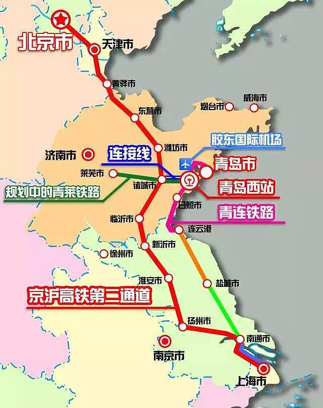 京沪高铁二线北起北京,途径天津,滨州,东营,潍坊,临沂,宿迁,淮安,扬州