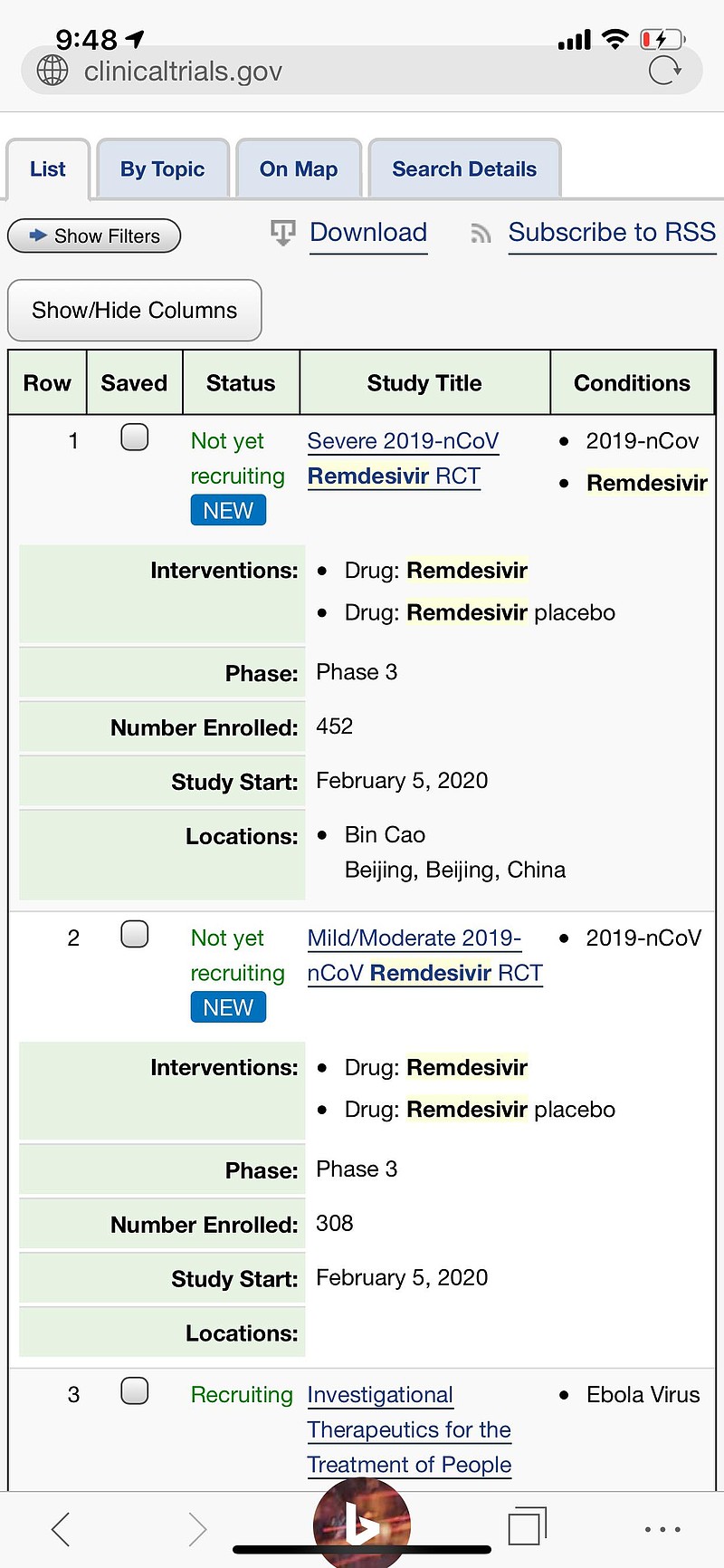 瑞德西韦治疗新冠重症患者的三期临床试验也登记了联合标准治疗安慰剂