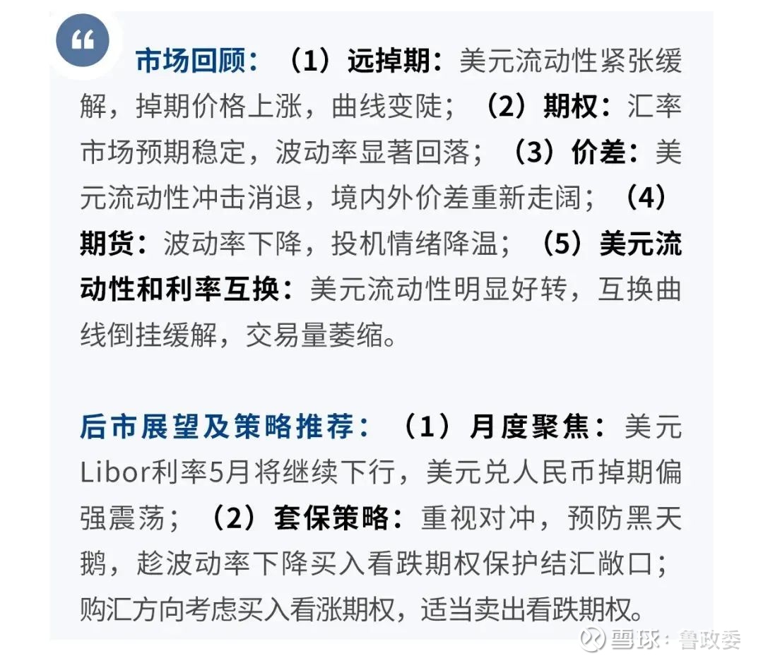 外汇市场】美元利率下行助力掉期上涨—外汇衍生品观察2020年第5期一、本期聚焦美元Libor利率为何反应迟缓？ 4 月，美元兑人民币掉期在3月大跌后出现明显反弹。一方面，中美利差逆转3月...