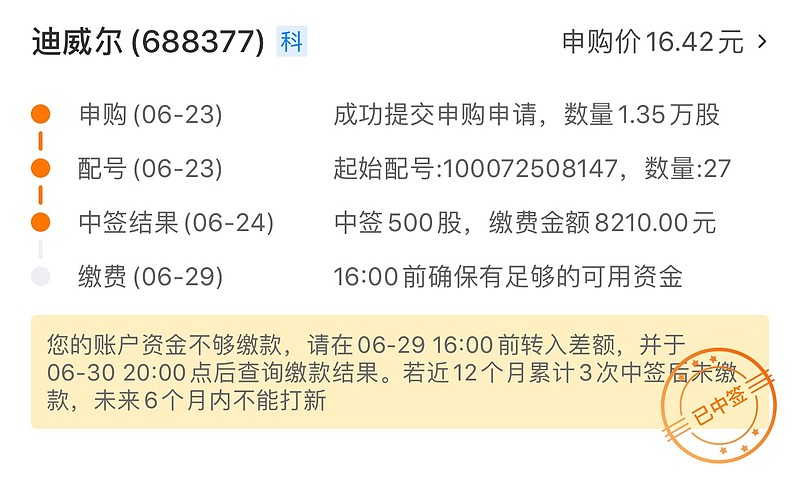 中了一签$迪威尔(sh688377)$