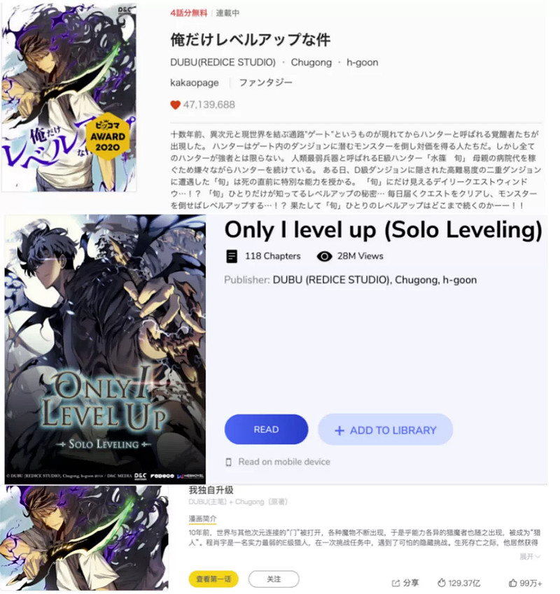两年收入1 7亿元的漫画 我独自升级 三文娱27个月累计销售额1 74亿元 Youtube广告累计点击率超1500万次 作者 依依 我独自升级 改编自同名网络小