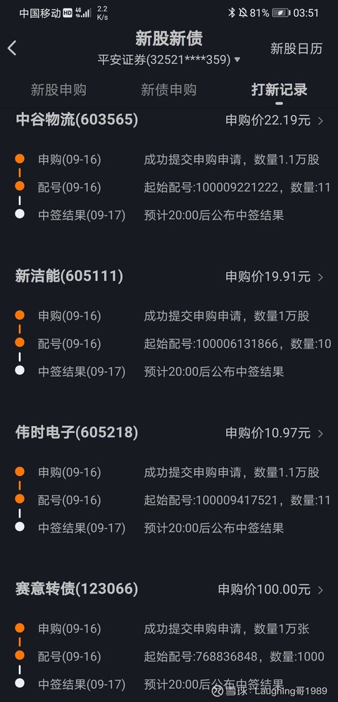 新洁能 Sh 中谷物流 Sh 伟时电子 Sh 5年多的打新之路 打了12