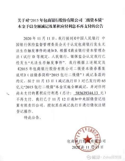 11月13日 包商银行在中国货币网发布关于对 15年包商银行股份有限公司二级资本债 本金予以全额减记及累积应付利息不