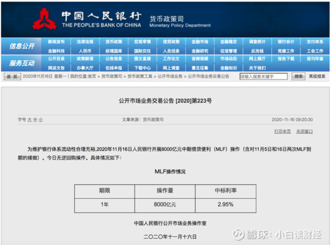 关键时期 央行8000亿货币操作 意味深长 11月16日 央行开展8000亿元中期借贷便利操作 中标利率是2 95 这告诉我们两点 一 央行未降息 本次的中标