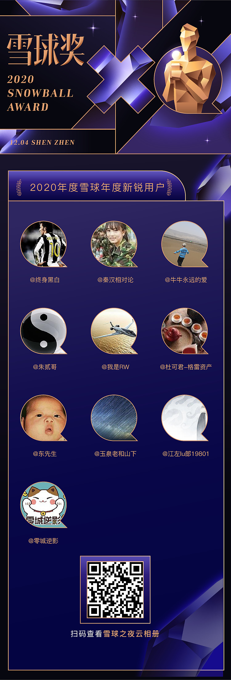 2020雪球之夜——十大新锐用户颁奖2020雪球十大新锐用户分别为： @终身黑白、@秦汉相对论、@牛牛永远的爱、@朱贰哥、@我是RW 、@杜可君-格雷资产、@...