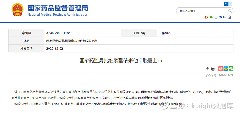 祝贺！东阳光药 1 类新药「磷酸依米他韦胶囊」正式获批 12 月 22 日，nmpa 发布通知， 东阳光 的 1 类新药「磷酸依米他韦胶囊」 