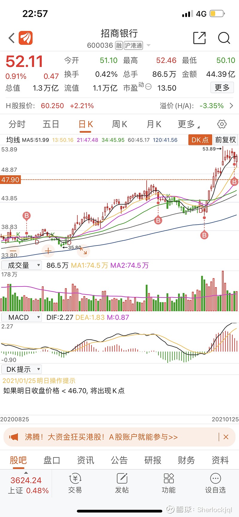 招行 39的成本 被我加到47