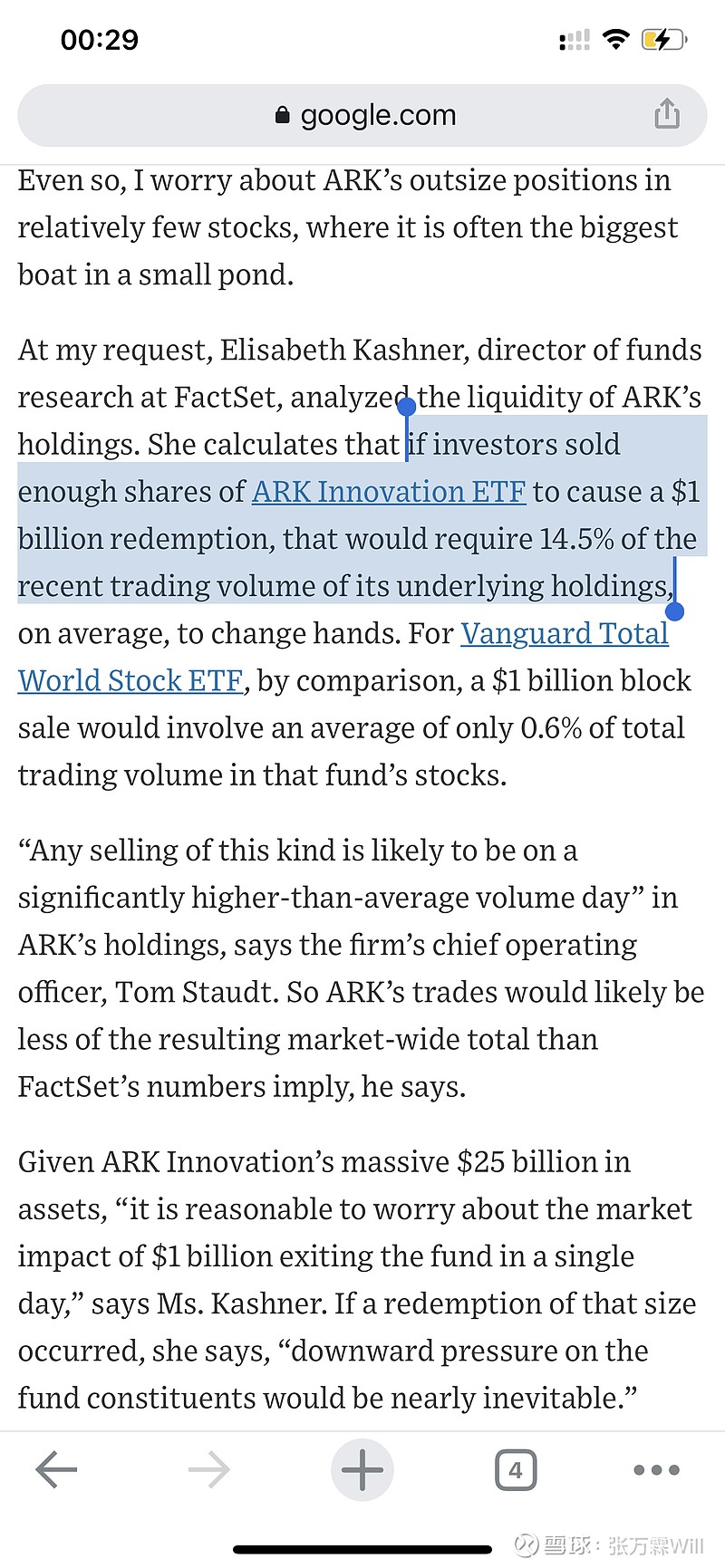 木头姐的ARK基金可能有流动性风险。一方面因为规模上很快，去年从100亿扩到600亿美金，另一方面又因为买了很多低流动性...
