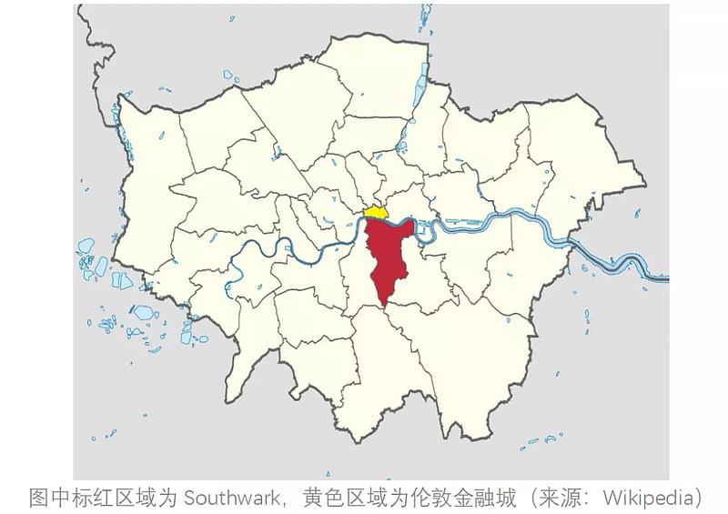 southwark在地理位置上屬於倫敦金融城的正南面