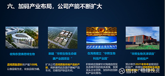 预计2021年6月份实现项目投产.3.在海南建立"华熙生物科技产业园.