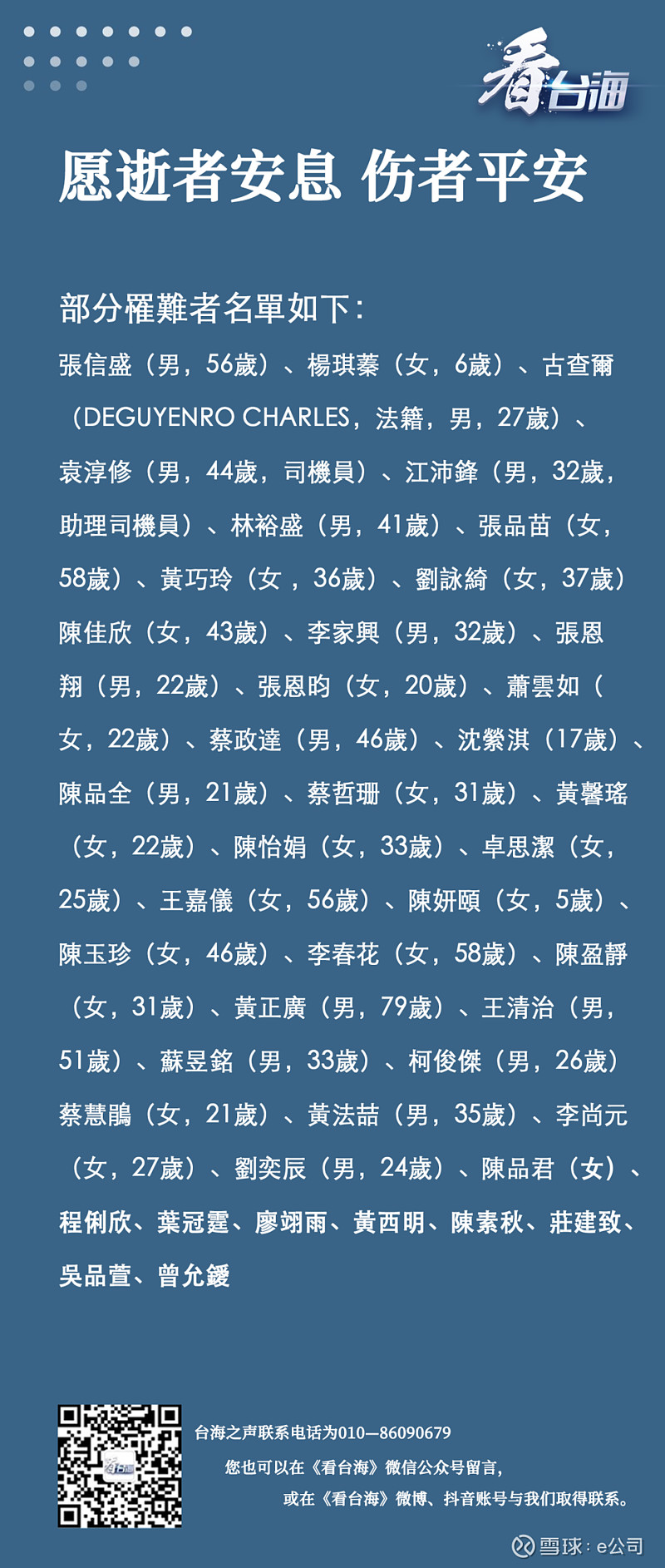 部分台铁事故遇难者名单公布 4月2日台铁"太鲁阁号"408次列车出轨事故