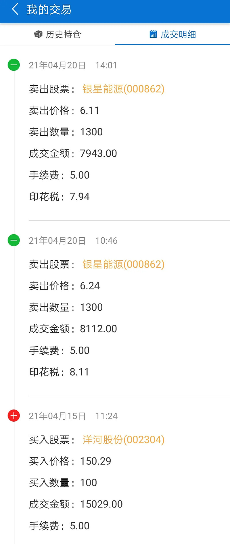 股票实盘记录及交易计划2021/04/20 今日有两笔股票交易。一是涨停板上减仓一半银星能源，二是银星能源中途开板后清仓另一半。交易记录如下：银星能源