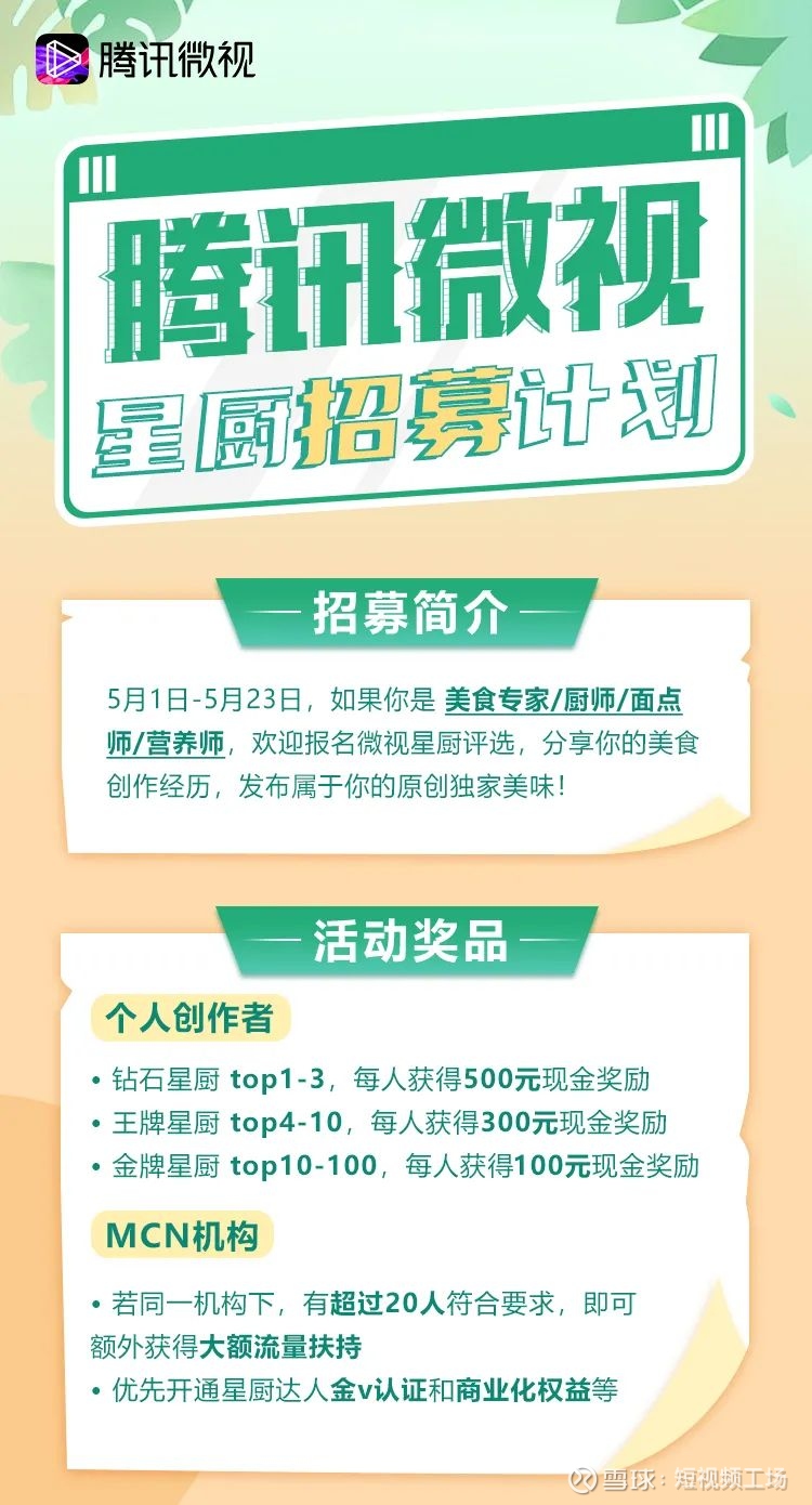 万元现金 流量扶持 腾讯微视发起星厨招募计划 携多重激励火热来袭 近日 腾讯微视针对美食垂类创作者推出了 星厨招募计划 此次计划报名时间从21年5月1日起至5月23日 面向达人和