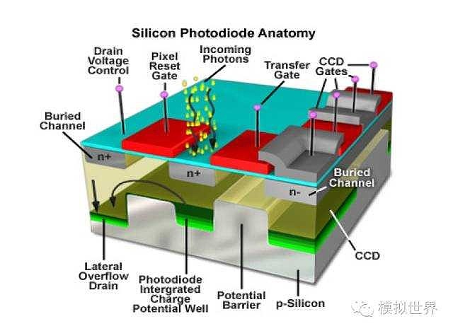 下图则是一个ccd结构的剖面图:下图是一个基本的ccd阵列,每个像素感光