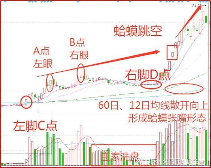 【"蛤蟆跳空"的形态特征】"金蛤蟆"就是从60日线附近启动,中间出现过