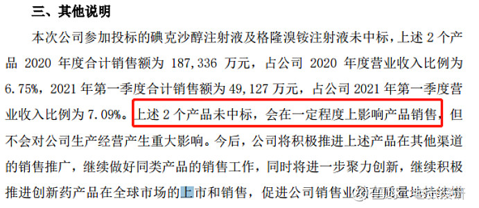 而數據顯示,碘克沙醇注射液及格隆溴銨注射液這兩個產品2020年度合計