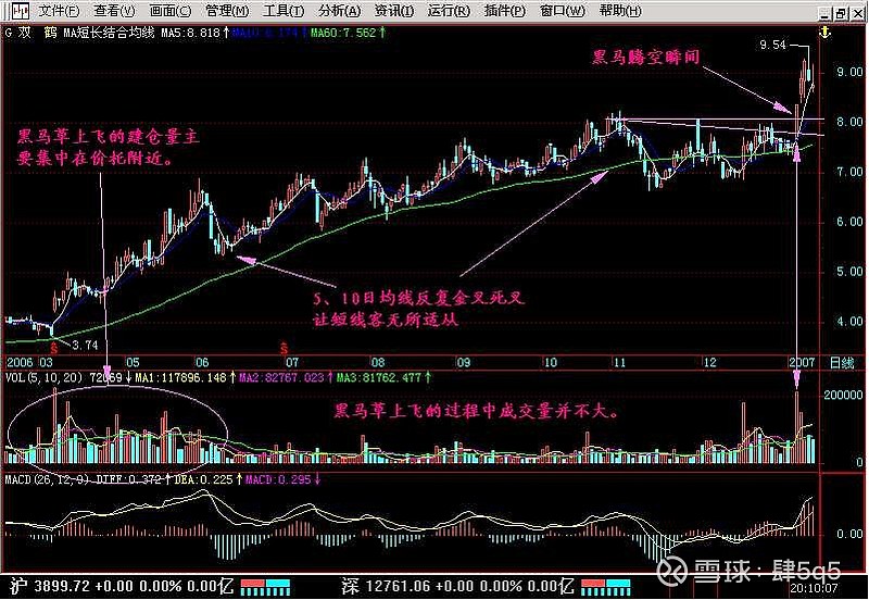 黑马草上飞 图形特征:(1) 60日价格平均线稳步上扬,呈一条斜线