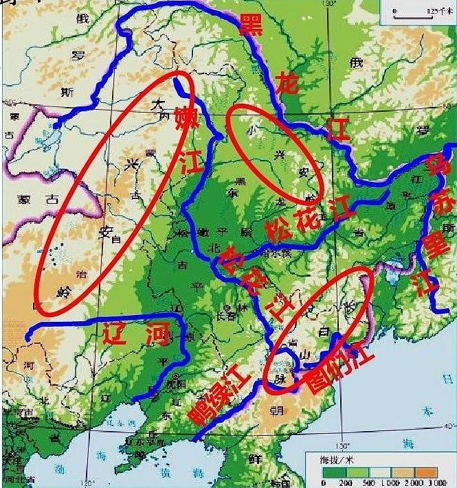 主要河流分布图)东北的三条环边境的河流分别是黑龙江,图们江和鸭绿江