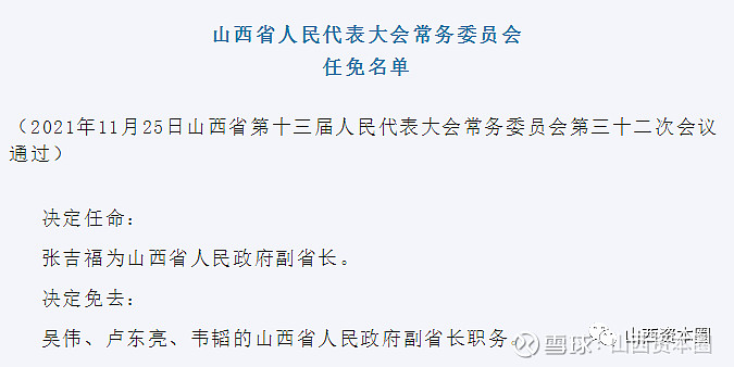 通过了最新一批任免名单,其中决定任命张吉福山西省人民政府副省长