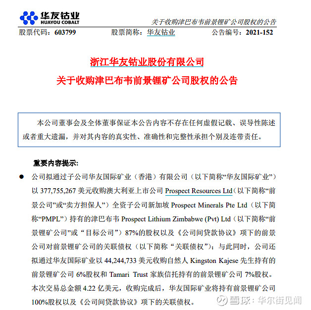 中國鈷業巨頭華友鈷業週三公告稱,擬通過子公司華友國際礦業收購津