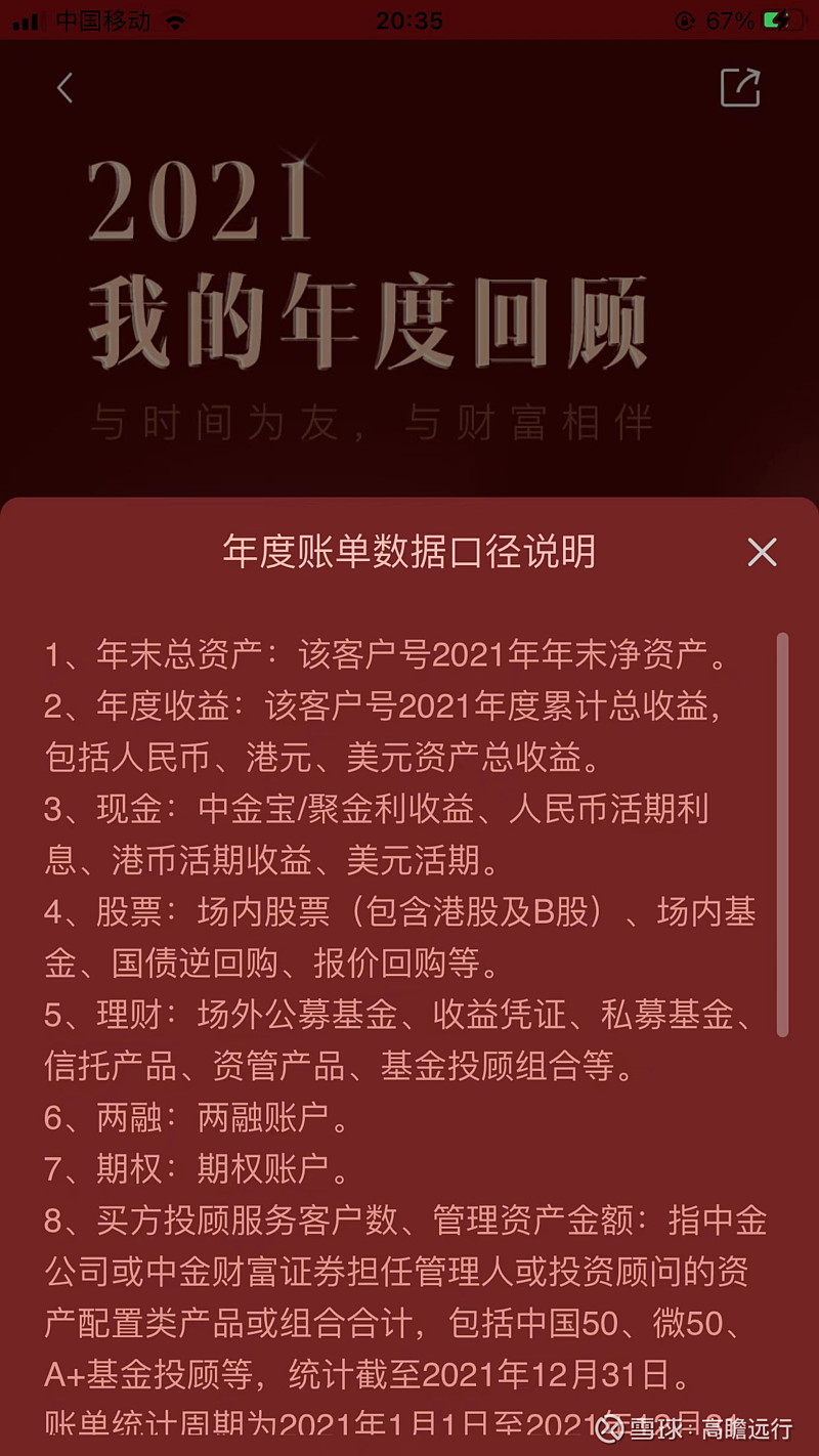 2021年度回顾--“睿智行者” 我用的券商是中金公司，今天可以在中金财富APP 上看到个人的“2021年度账单”。年度账单是所有账户的统计，包括了A股...