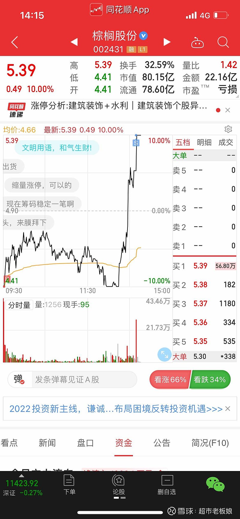 第一次做T 就T到了一个地天板，其实最近一直在挂单，跌停买入，涨停卖出。是因为不管如何买都在我的成本线下， 棕榈股份