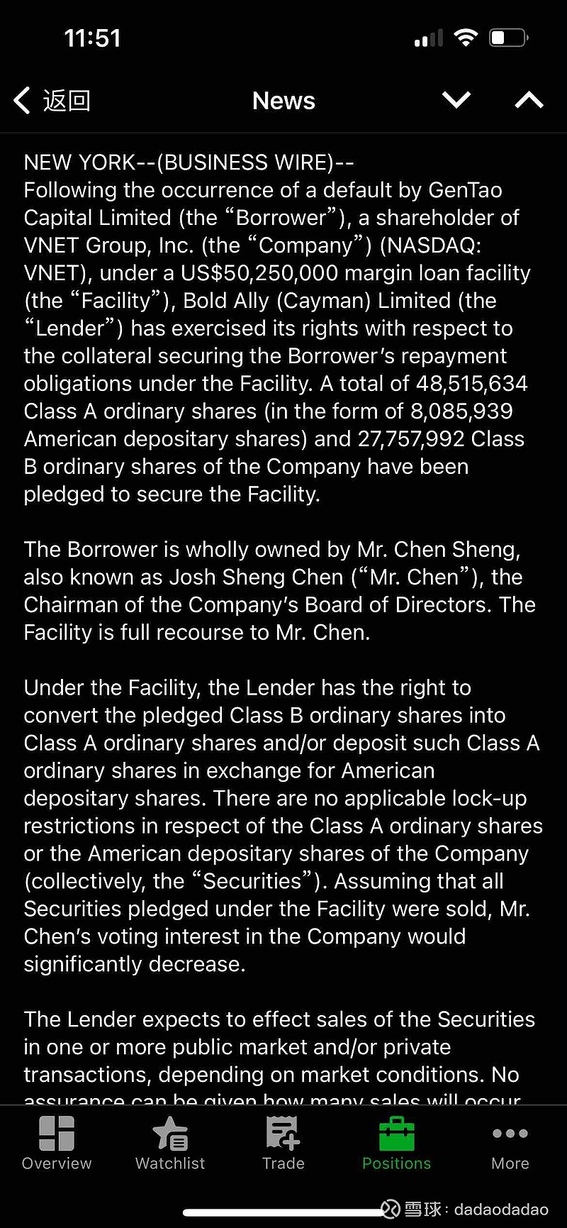 世纪互联(VNET)$ Josh Chen用股票抵押借款，结果不知道因为什么发生了违约，被人家给执行了抵押。但是执行抵...