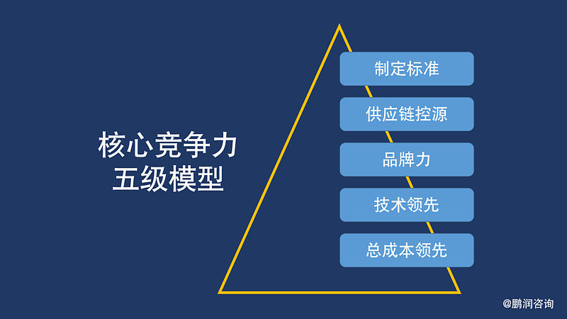 我自己总结了一个核心竞争力的五级模型:第一,制定标准;第二,供应链控